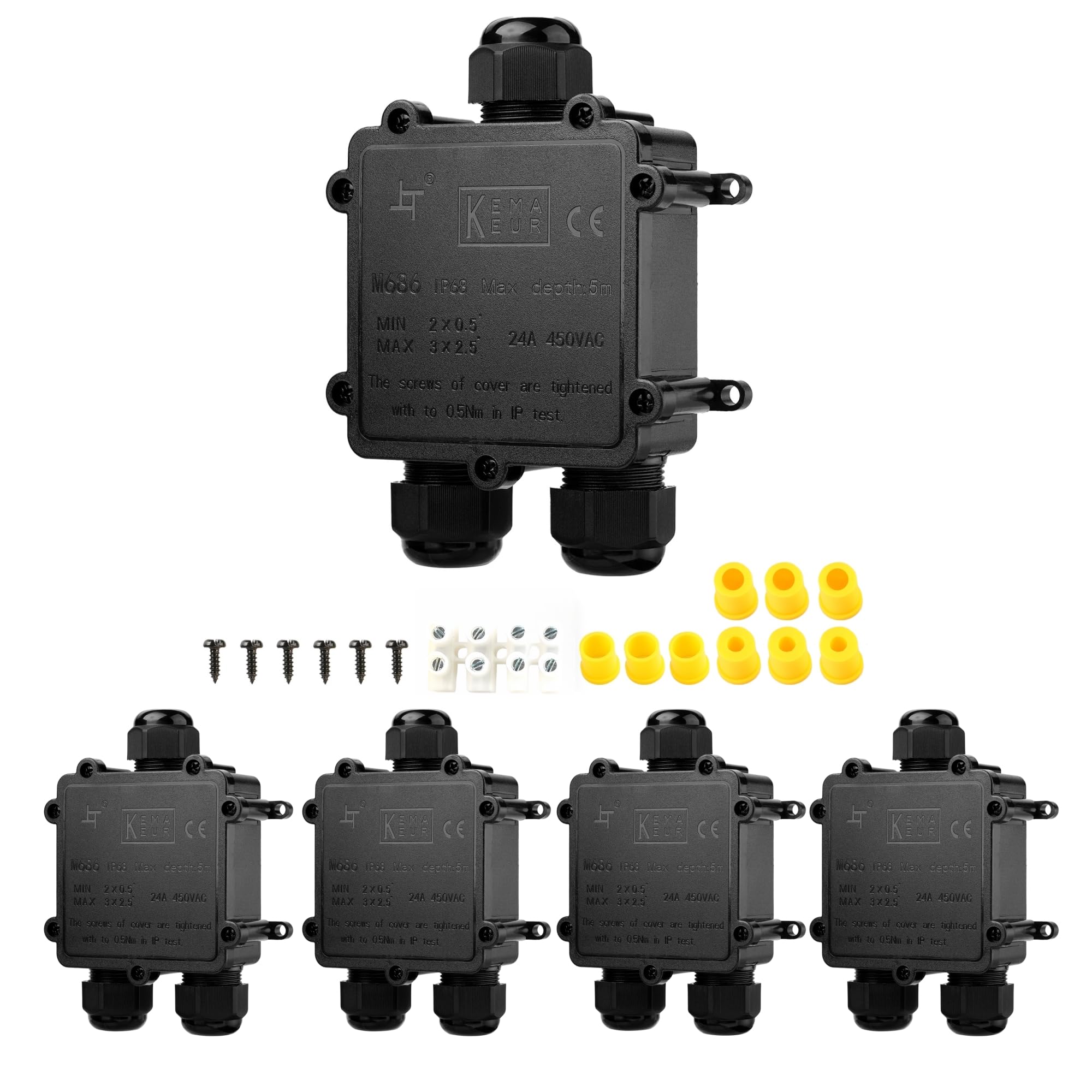 Tynoscco IP68 Waterproof Junction Box Outdoor,3-Way Electrical Splice Box Outdoor with 4 Cable M25 Gland Wire Connector Extension Electrical Cable Protector for Diameter Cable Ø4-14mm Black