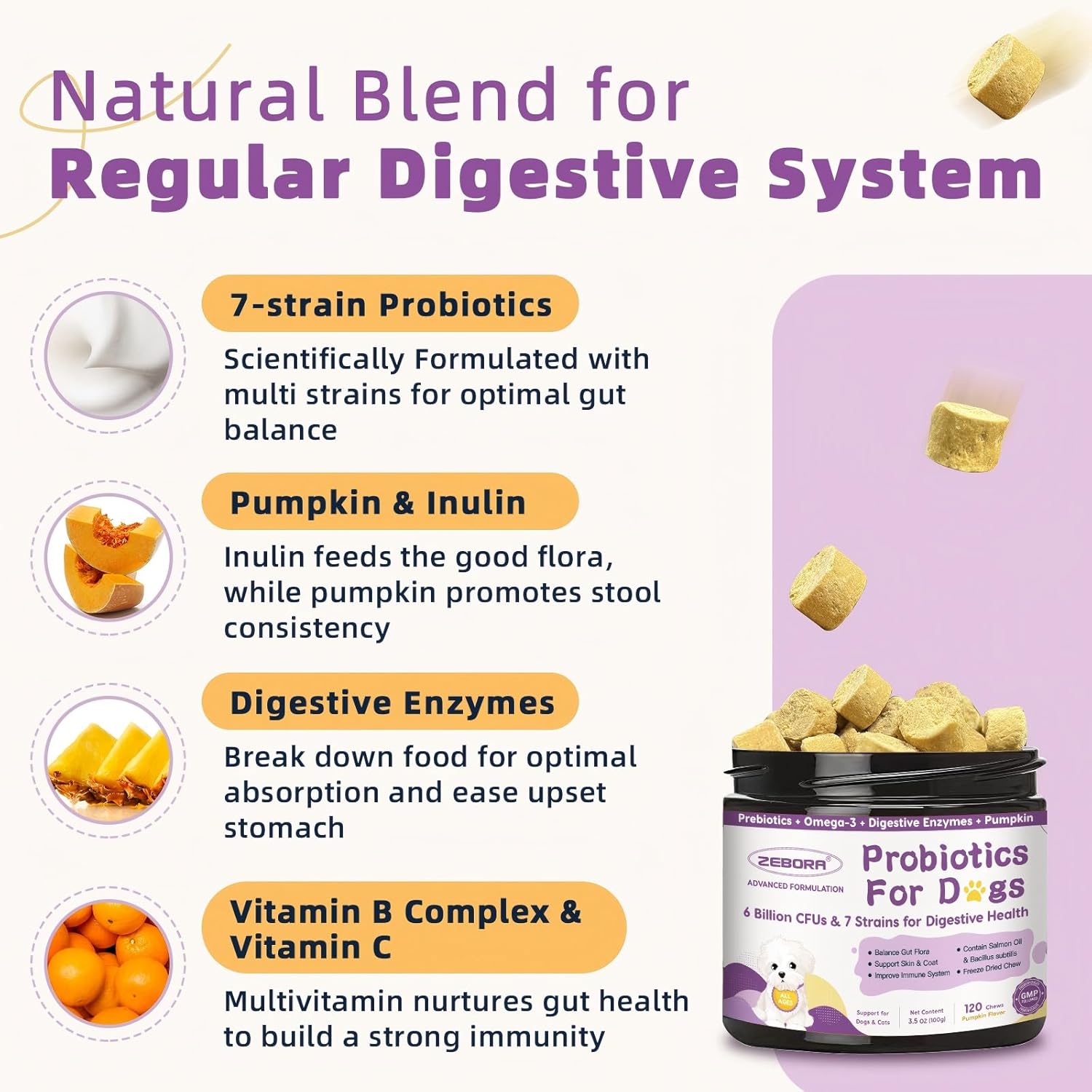 ZEBORA Probiotics for Dogs, Dog Probiotics - for Digestive Health, with Pumpkin, Digestive Enzymes, Support Gut Health, Occasional Diarrhea, Upset Stomach Relief, 120 Freeze Dried Chews - Image 3