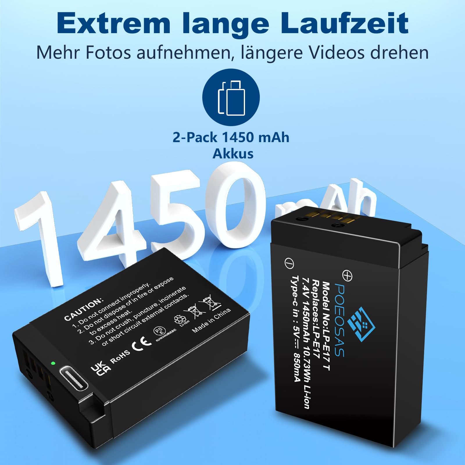 2 Pack 1450mAh LP-E17 Ersatz Akku mit USB Typ C Ladeanschluss für Canon EOS M3, M5, M6, Rebel SL2, T6i, T6s, T7i, EOS 200D 250D 750D, 760D, 800D, 8000D, KISS X8i, RP Cameras