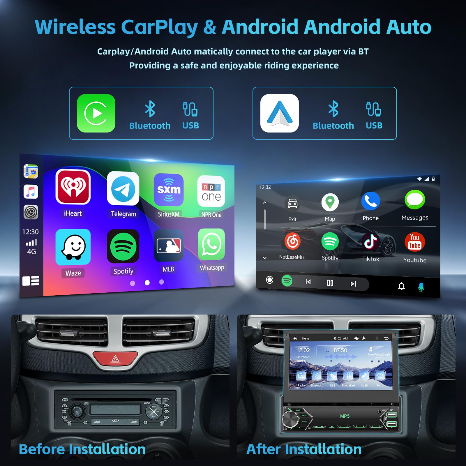 Autoradio 1 DIN Con Schermo Touch 9 Pollici - Wireless CarPlay E Android Auto, Bluetooth, Telecamera Retro