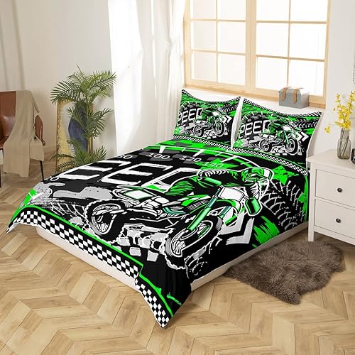 Miniatura 3 de Juego de funda de edredón verde fluorescente para motocross, juego de ropa de cama para deportes extremos para niños y niñas, funda de edredón de
