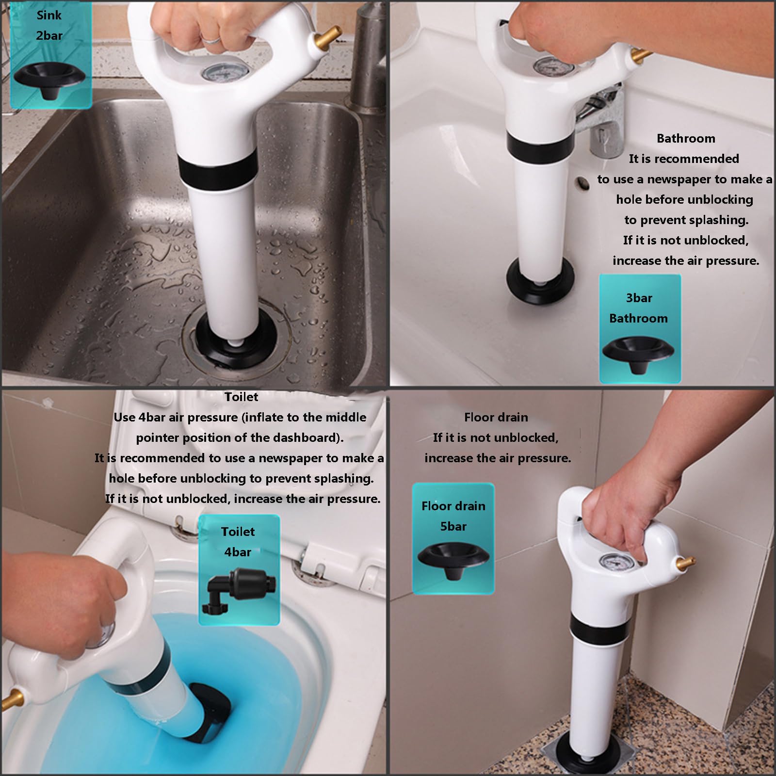 Bomba desatascadora – Limpiador de tuberías con Aire comprimido, Limpieza de Aire comprimido para desagües obstruidos, Inodoro/Ducha/Fregadero mecánico, sin tuberías
