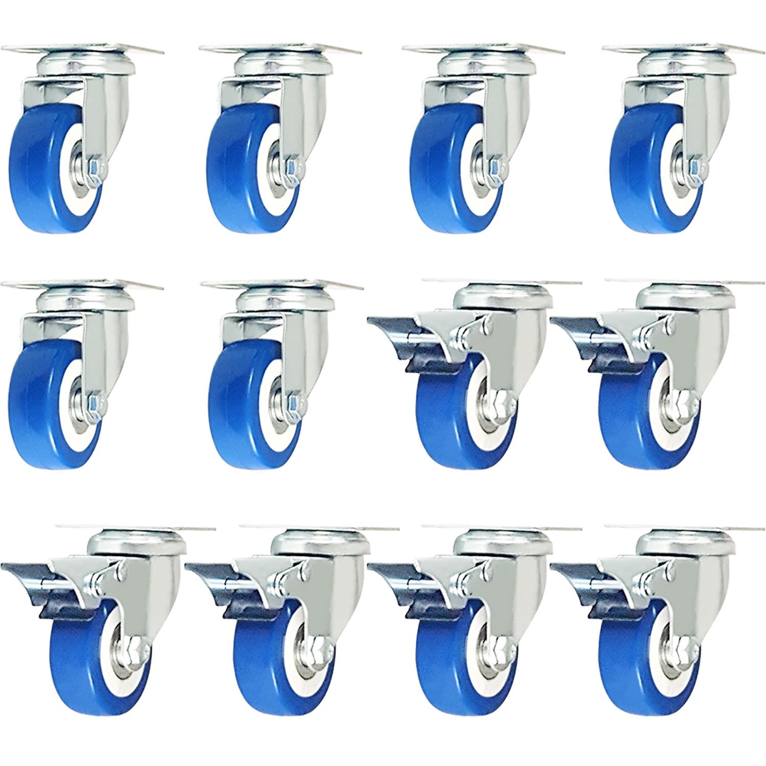12 Pack Caster Swivel Plate Brake On Blue Polyurethane Wheels (2" Combo - 6 w/Brake and 6 no Brake)