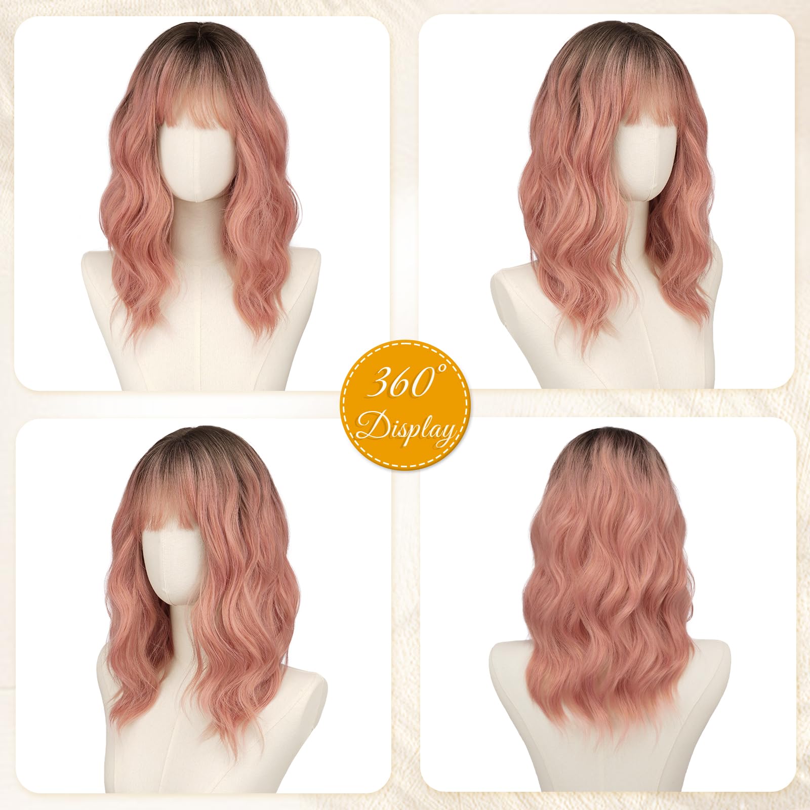 RUWISS Rosa Sfumato Parrucca Lunghe Ondulate con Frangia, 50 cm Stratificato Parrucche Donna Aspetto Naturale Sintetico Capelli Parrucche Quotidiano Partito Cosplay Uso