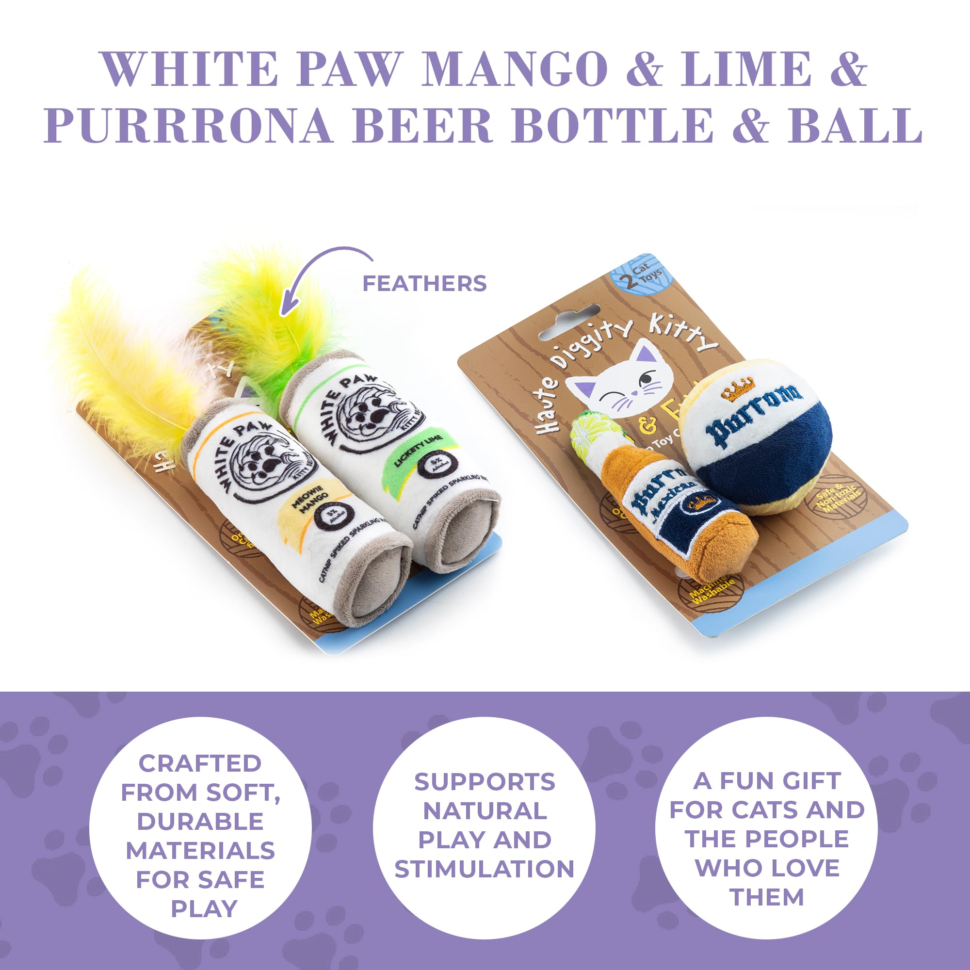 Haute Diggity Kitty Biała łapa mango i limonka + purrrona zestaw butelek piwa i piłek, pluszowe zabawki dla kota kocimiętka wypełniona interaktywnym dźwiękiem trzaskania, bezpieczne i trwałe zabawki