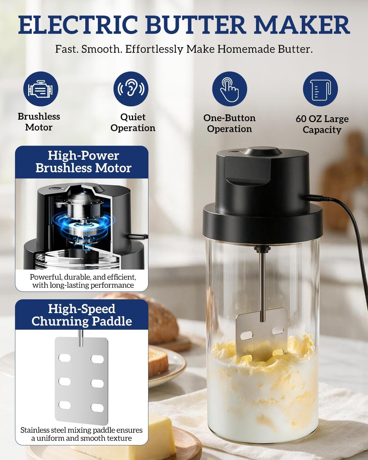 Electric Butter Churner , Brushless Motor with 60oz Capacity