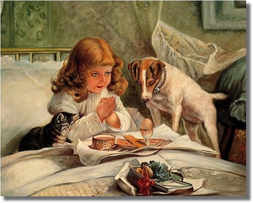 Miniatura 1 de Little Girl Praying in Bed Breakfast - Cuadro de pared religioso para perro y gato
