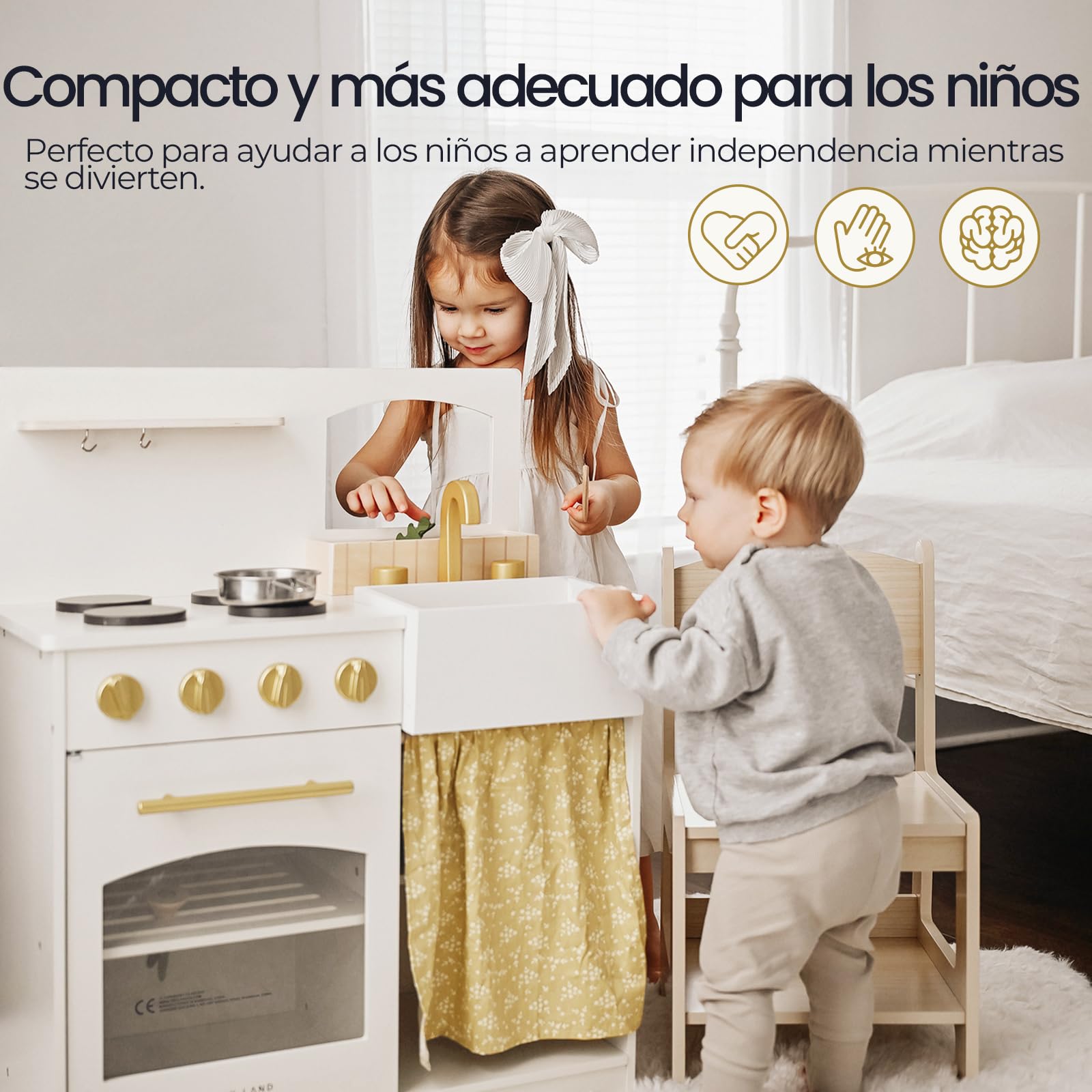 Tiny Land Cocina de juego, set de juego para niños, cocina para niños con set de corte, cocina de madera ETS para niños, niñas y niños