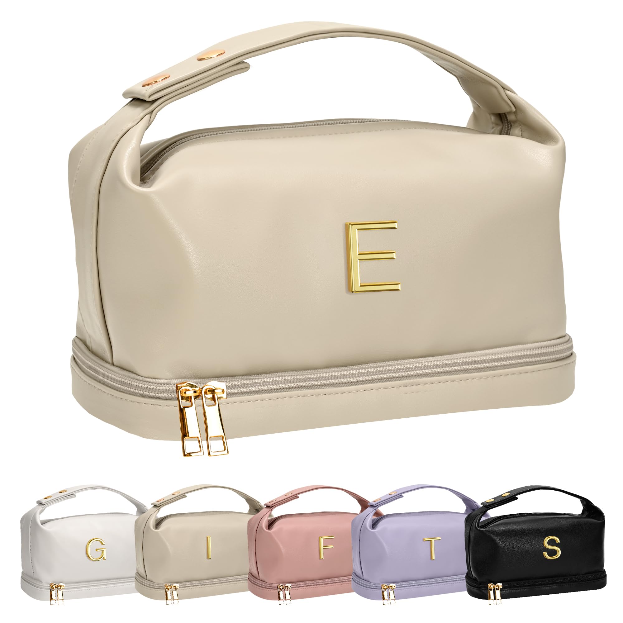 VogewoodGifts for Women, Personalized Makeup Bag with Handle, Initial Double Layer Cosmetic Bag with Makeup Brush Organizer, PU Leather Travel Toiletry Bag, Gifts for Friends Female Mom, Beige, E