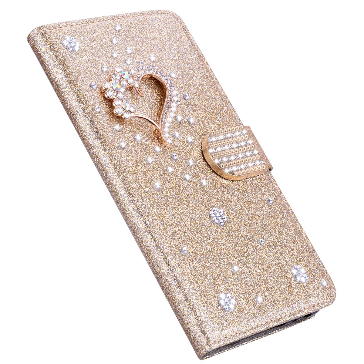 Portafoglio per Samsung Galaxy NOTE 20 Glitter Custodia Libro Pelle con 3D Little love Wallet Flip Cover Case Oro PU Brillantini Strass Cristallo Stand Carta Slot Lady Girl Elegante Trendy Phone Case