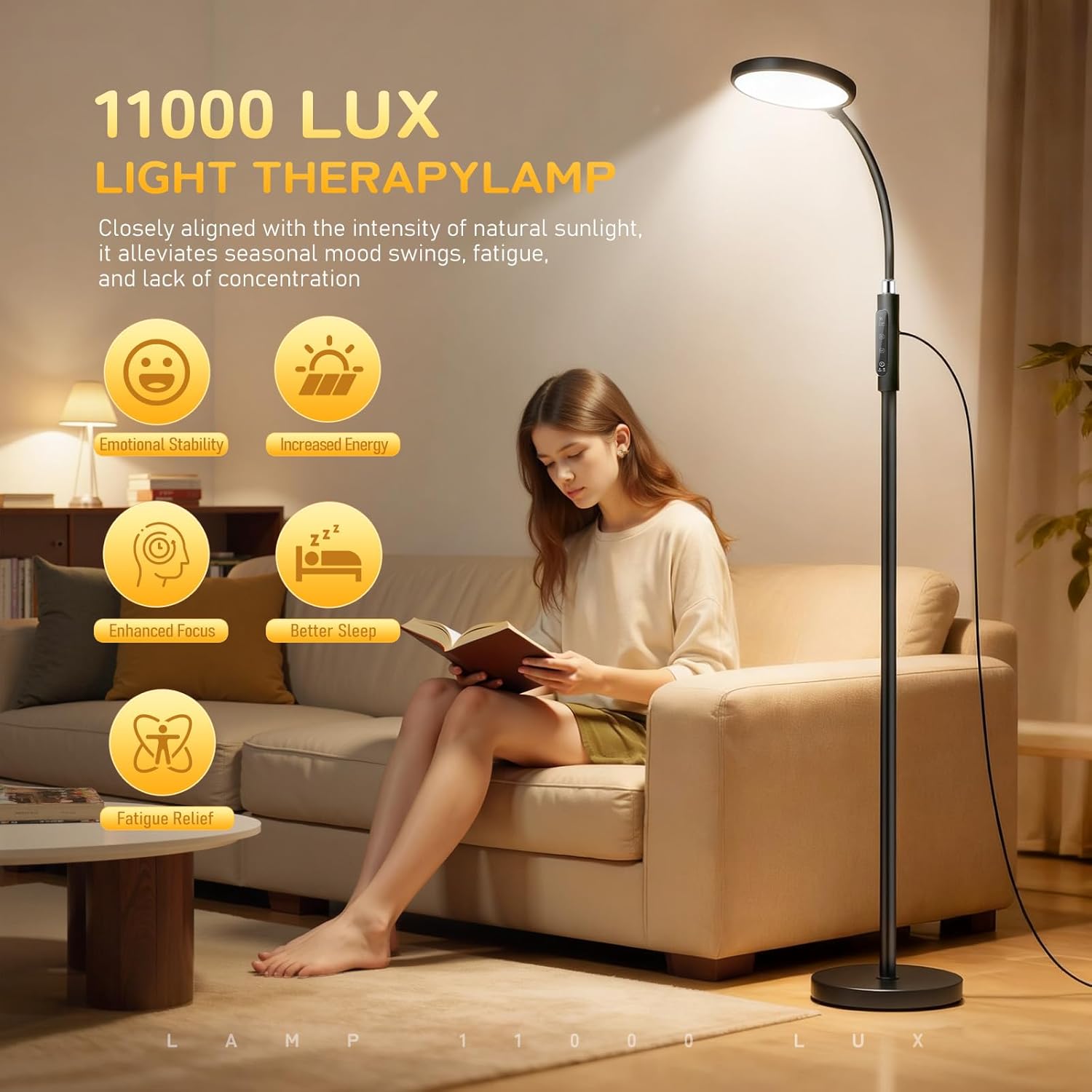 Light Therapy Lamp, 11000 Lux UV-Free Floor Lamp, Full Spectrum LED Sunlight with Touch Remote Control, Adjustable 7 Color Temperatures 9 Brightness Levels for Office Living Room Reading Black - Image 2