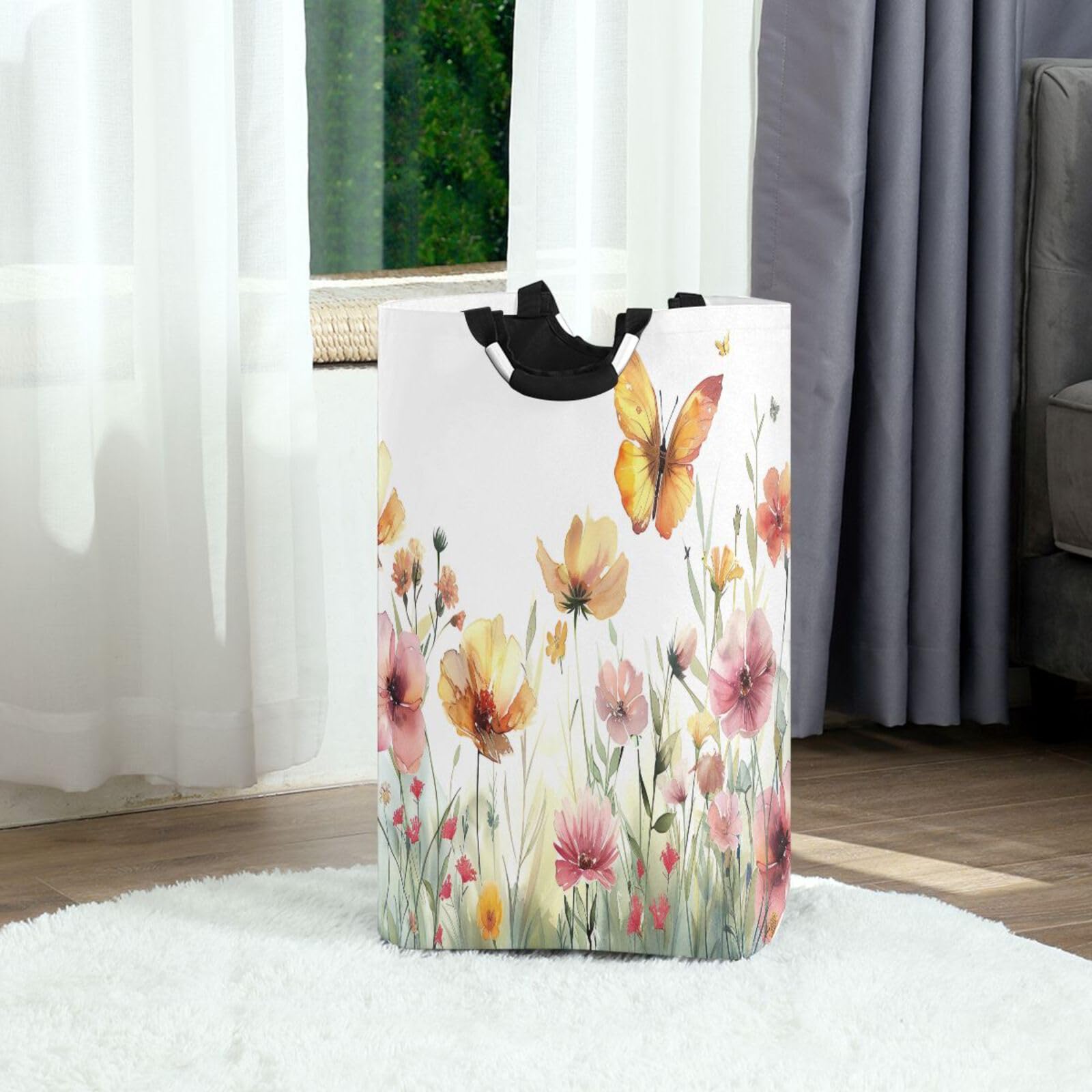 Jihqo Laundry Hamper Basket Watercolor Wildflowers Collapsible Nursery Storage Bin Waterproof Clothing Baskets for Home Bedroom Bathroom Washing Room