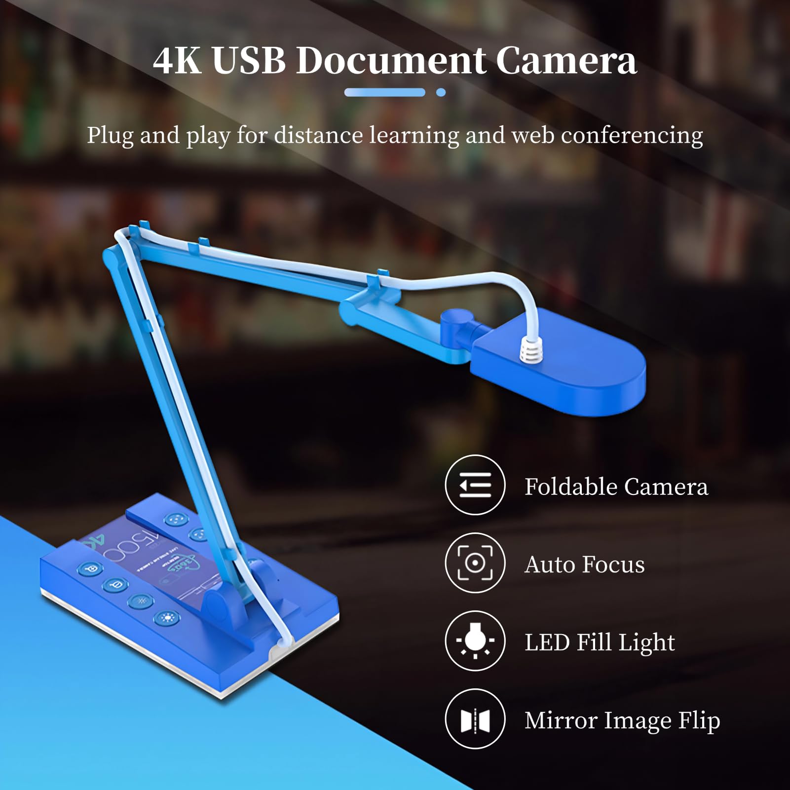 4K USB Document Camera, Quick Recognition Screen Document Webcam 15MP Mirror Mode with LED Light for Live Demo for Remote Teaching