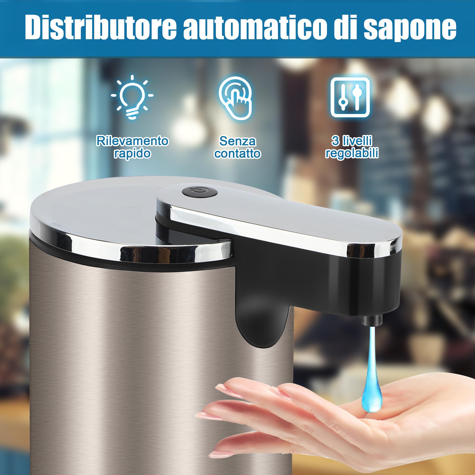 Dispenser Automatico di Sapone 350ML per Bagno | Dispensatore di Sapone per Piatti con 3 Volumi di Sapone Regolabili, Argento