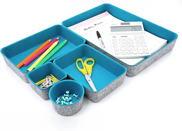 Welaxy Office Desk Drawer Organizer Trays felt Storage bins Paper Letter trays Document File Papers Magazines Sorter Organizing box round 5 piece(Turquoise)