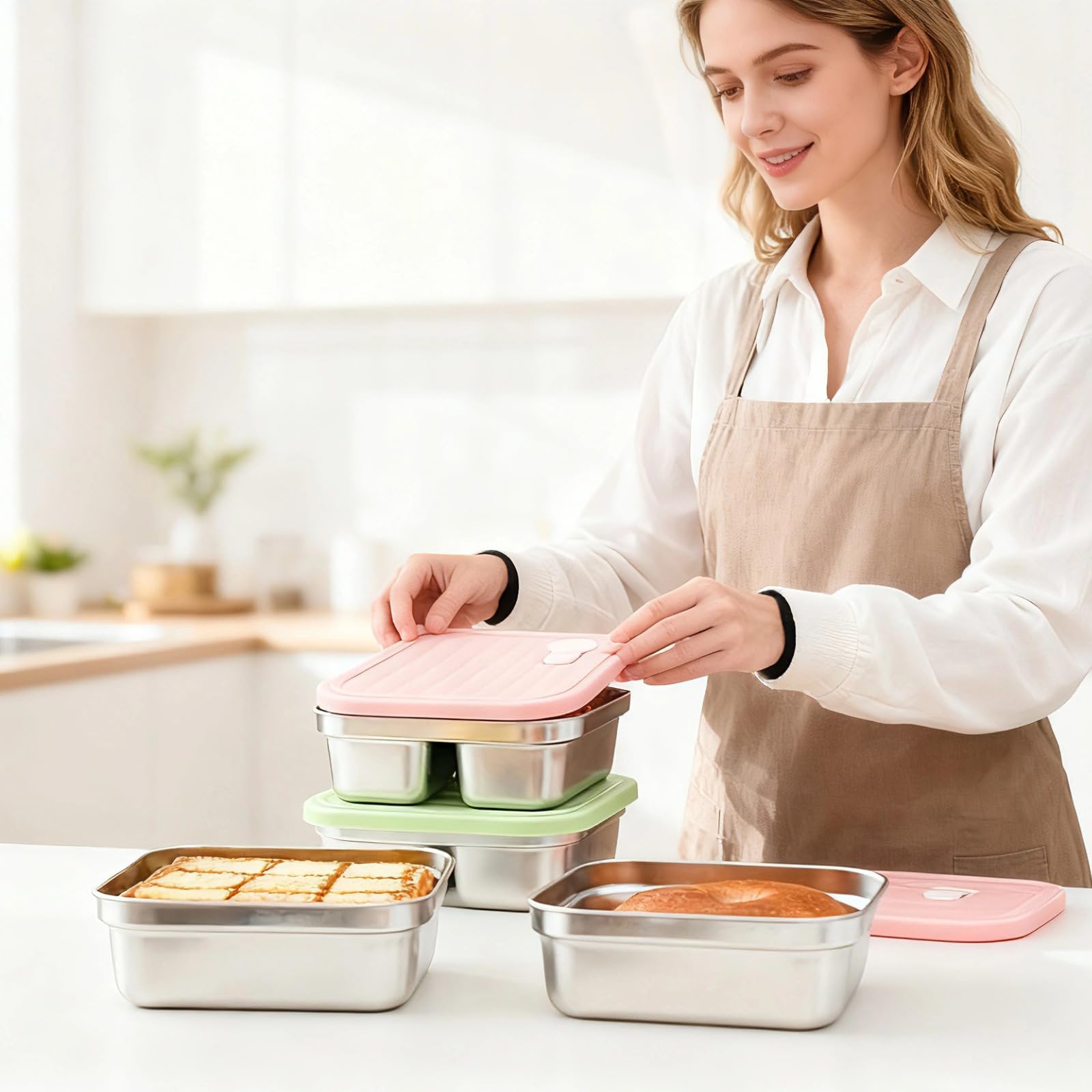 Lot de 4 boîtes repas en acier inoxydable, 2 compartiments simples 21,9 oz, 2 compartiments doubles 20,3 oz, contenants métalliques pour snacks, fruits, sandwichs, déjeuner à emporter