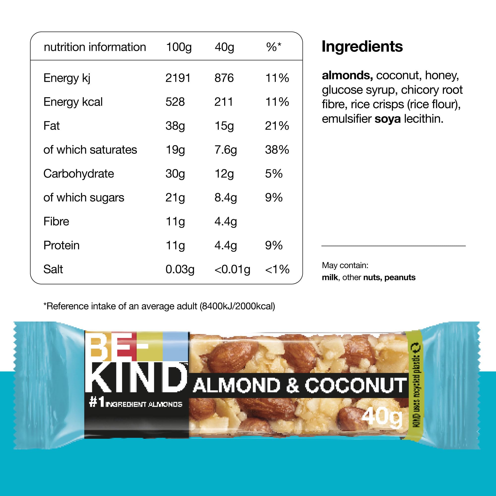 BE KIND Barritas de almendras crujientes y coco, paquete de 12 unidades