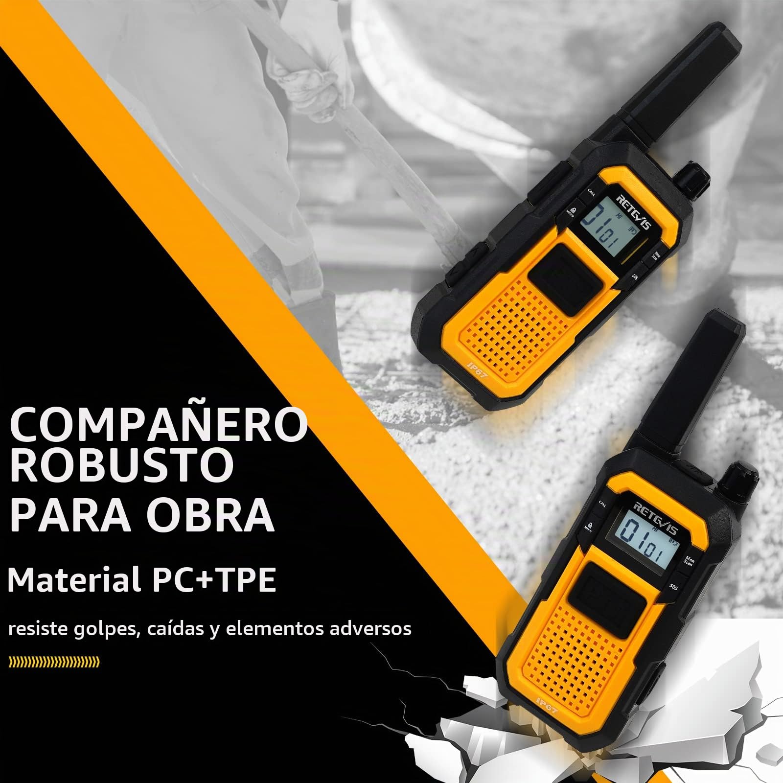 Retevis RB648 Walkie Talkies Resistentes, Radio Impermeable IP67 | Resistente a los Golpes, 2000 mAh, USB-C, Walkie Talkie Profesional para Adultos Sitio de Trabajo (6 Unidades)