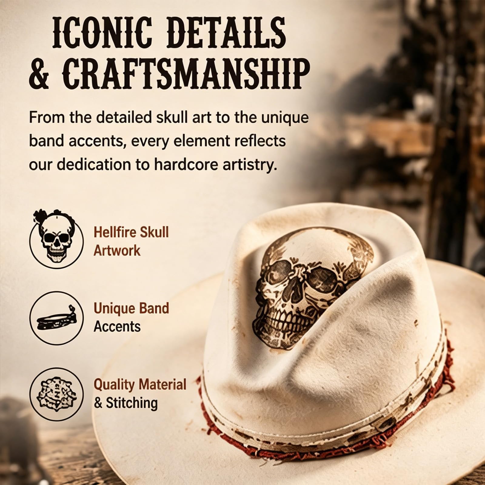 Generico Cappello da Cowboy con Teschio Hellfire Bianco Avorio, Cappello da Cowboy Western Invecchiato con Fascia con Teschio, Berretto a Tesa Larga per Uomo Donna, Copricapo da Motociclista