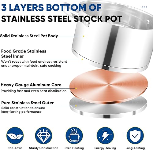 Miniatura 10 de TeamFar Olla de 12 cuartos de galón, olla grande de acero inoxidable 1810 con tapa para cocinar a fuego lentoguisar, para induccióngascerámica,