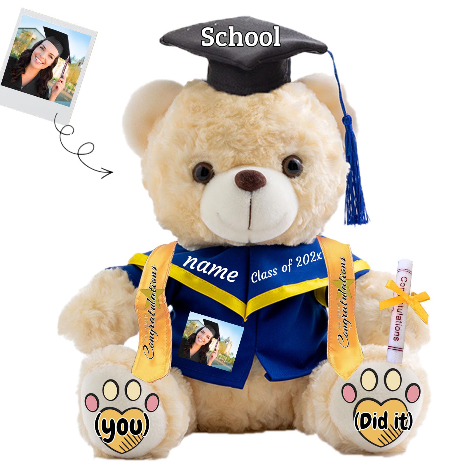 JABECODIFA Personalised Gifts Graduation Bear 2025 with Text+Photo, Graduation Bear for Graduation Day 2025 as Graduation Gifts for Women Men (10 IN-Text+Photo)