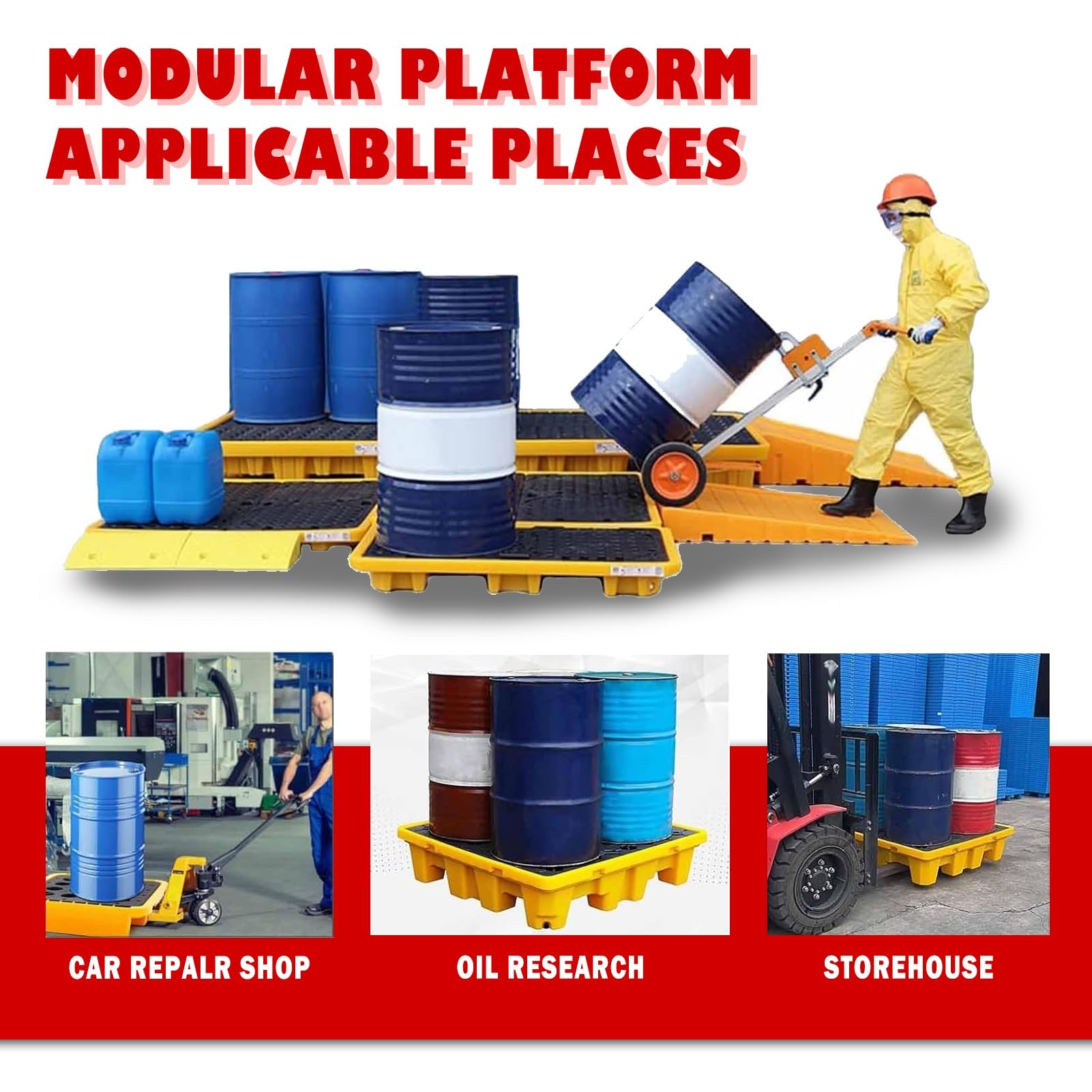 Plateforme modulaire de rétention des déversements pour 1 à 4 fûts, bac de récupération étanche pour garage, cuisine, sous-sol et stockage industriel, 120 x 60 x 10 cm, solution durable et e