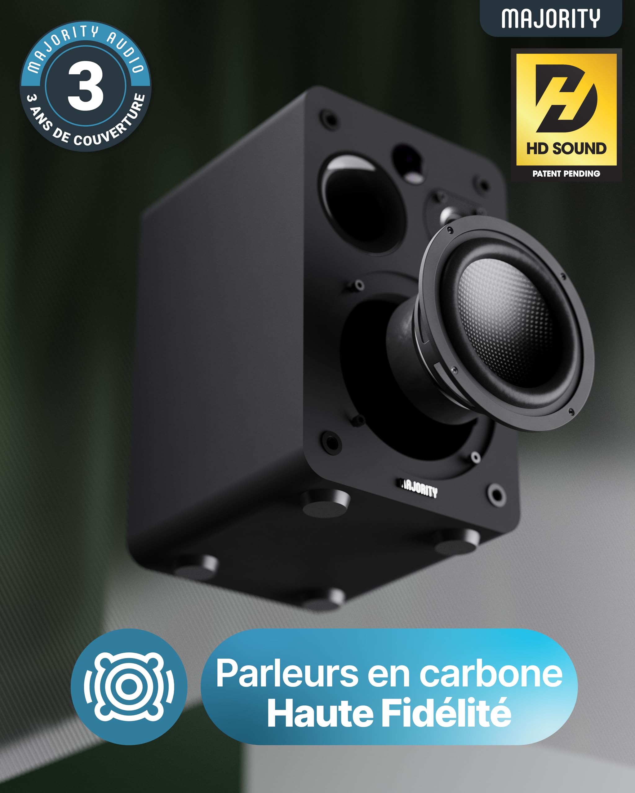 Majority D70X Enceinte Active Amplifiée | 70W Enceinte PC Bluetooth 5.3 | Double Cônes de Haut-Parleurs en Fibre de Carbone Enceintes Bibliotheques | Enceinte Monitoring Studio avec HDMI Arc (Noir)