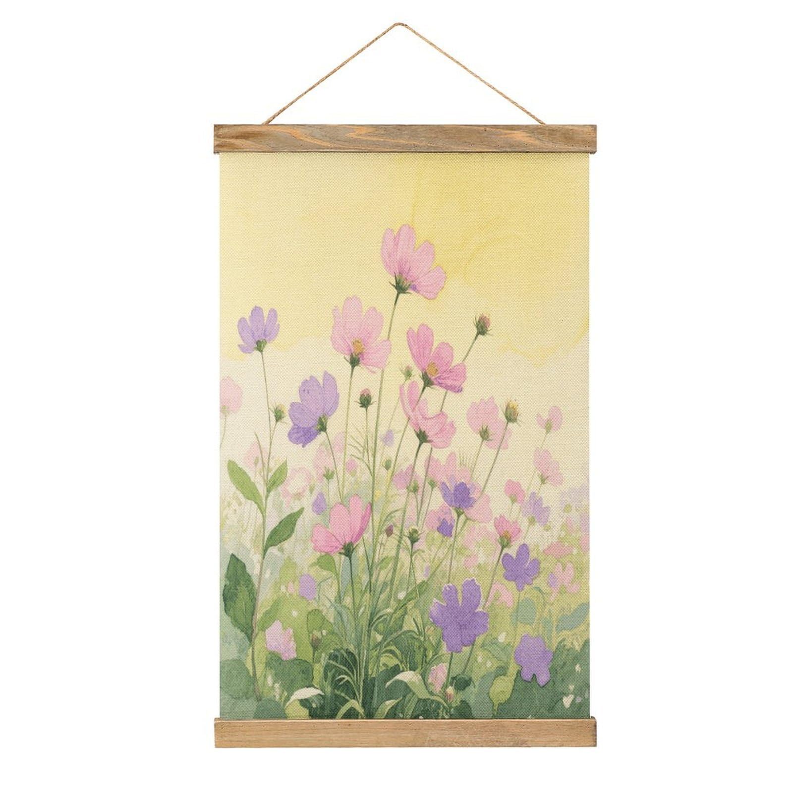 VstaDank Pink And Purple Flower Watercolor Hanging Poster with Wooden Frame Modern Linen Hanging Painting Retro Style Wall Decor Art Painting for Living Room,Bedroom Decor Poster Frame 20.4x13.1inch