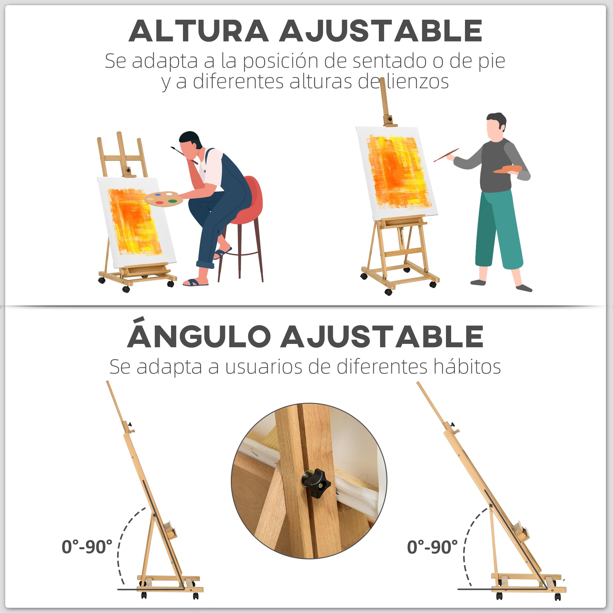 Vinsetto Caballete de Pintura Plegable, 238 cm, Caballete de Madera con Ruedas, Altura Ajustable, Bandeja, para Adultos, Artistas, Pintor, Estudiantes, Natural