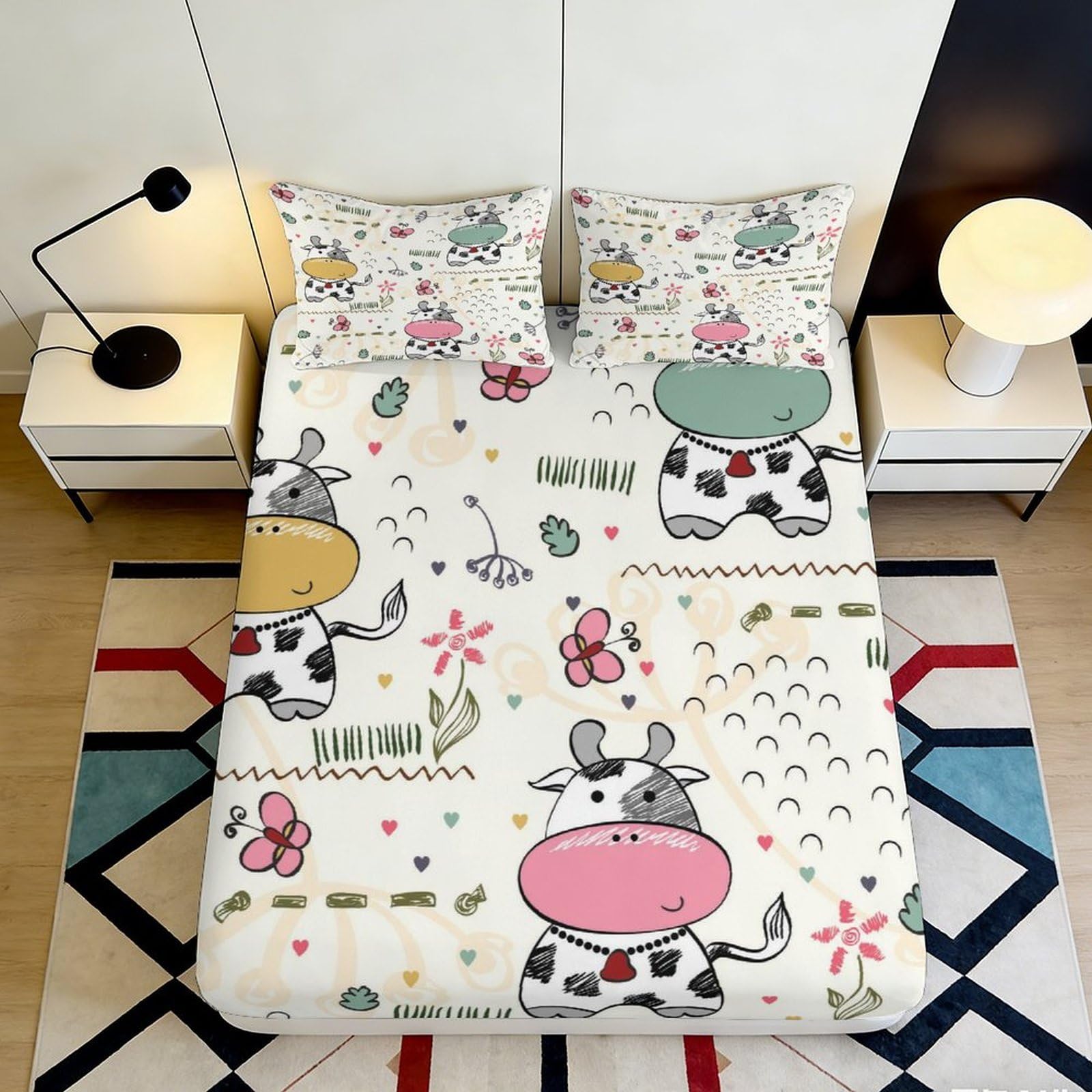 3D Printed Cartoon Cow Fitted Sheet Microfiber Anti-Slip Ladybug Mattress Cover Bedroom Dorm Decor Easy Care 90x200x25cm