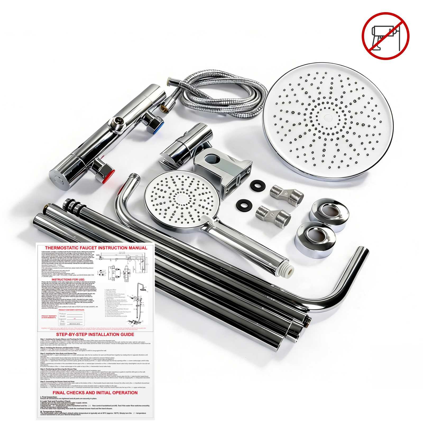 JUSTER Sistema de Ducha Termostático, Cromo, Juego Completo de Accesorios de Ducha con Cabezal de Ducha Redondo Tipo Lluvia, con Barra de Ducha Ajustable