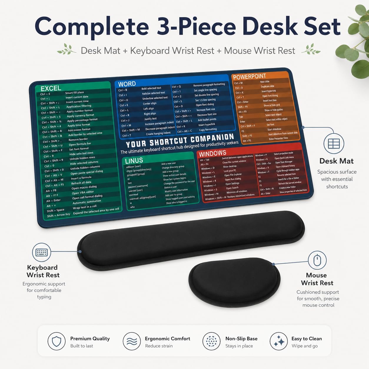 Excel Cheat Sheet Desk Pad Set, 3-Piece Office Shortcut Mouse Pad with Keyboard Wrist Rest & Mouse Wrist Rest, Excel Word PowerPoint Windows Shortcut Mat for Accountants, Students, Carbon Black