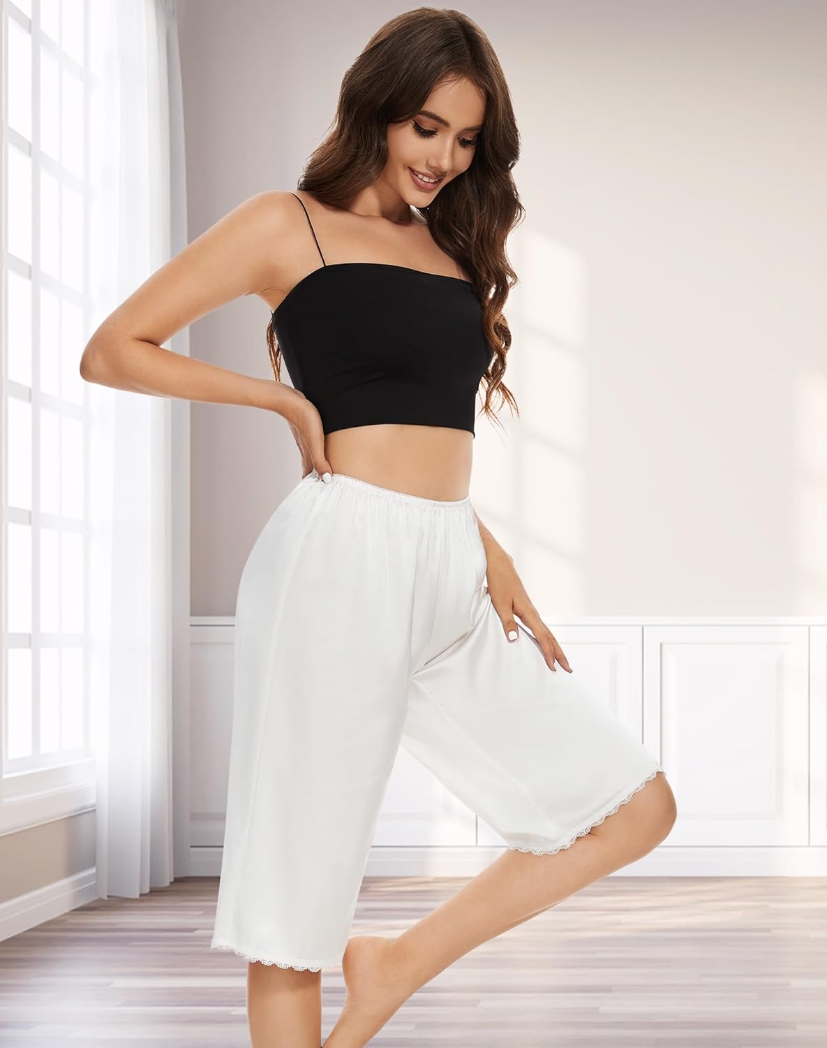 MANCYFIT Pettipants for Women Culotte Slip Bloomers Satin Pant Under Dresses Lace Trim - Image 4