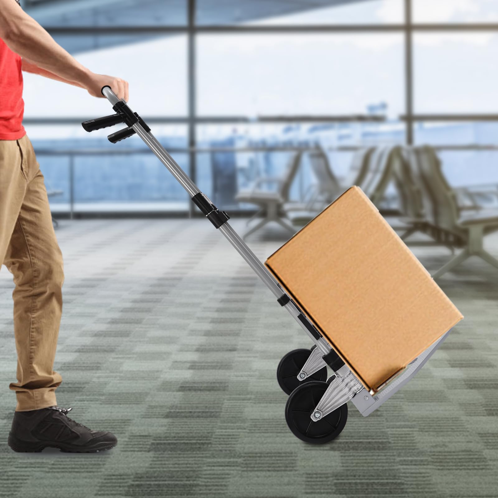 Carrello pieghevole con ruote in gomma piena e corda, portata massima 120 kg, carrello pieghevole in alluminio, carrello per pacchetti, bagagli e shopping, altezza regolabile