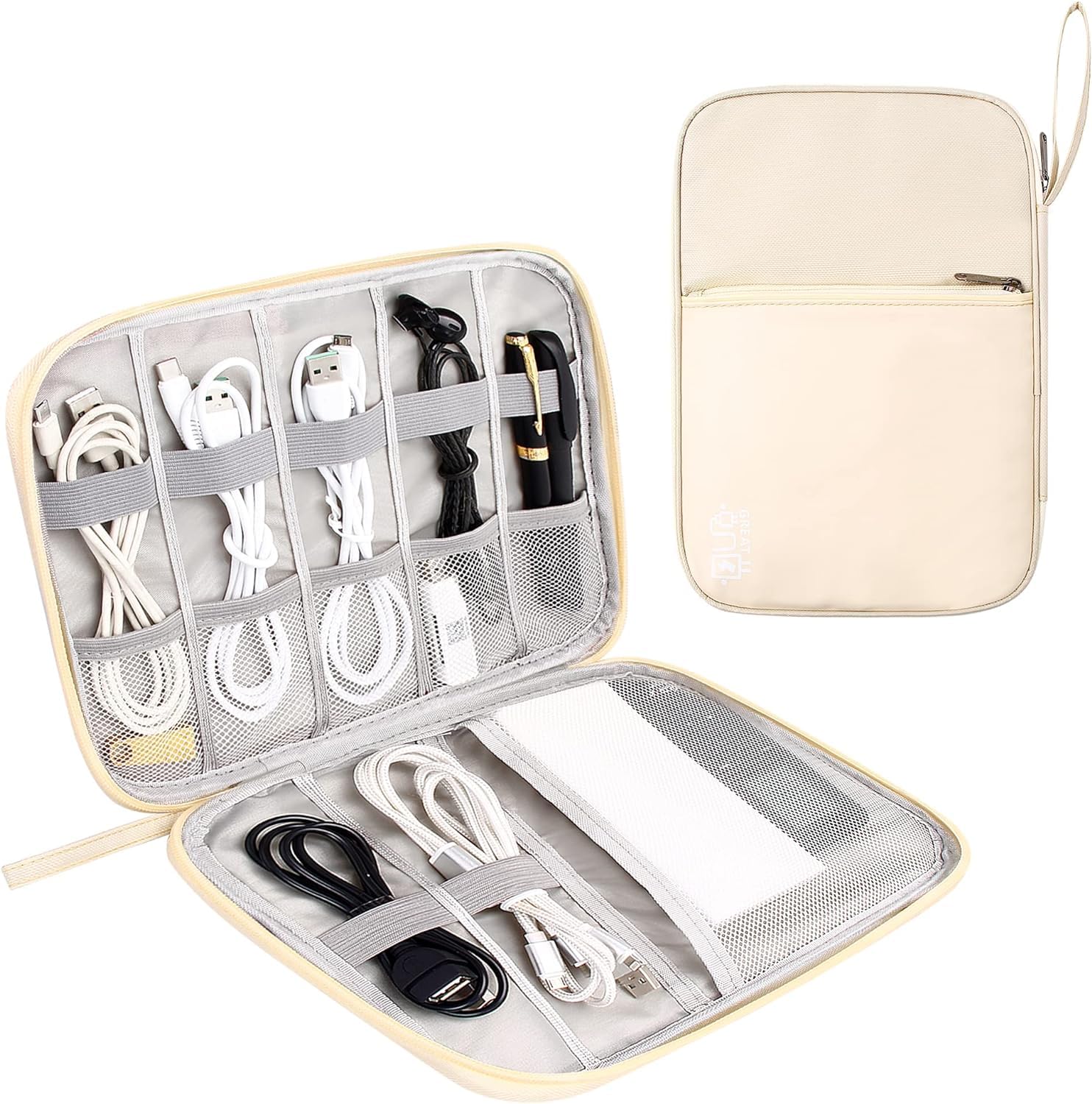 Electronics Accessories Organizer Bag Universal Carry Travel Gadget Bag for Cables Gadget Hard Disk USB Cable Power Bank Mobile Charger Earphone (Slim Bag Beige)-image-45