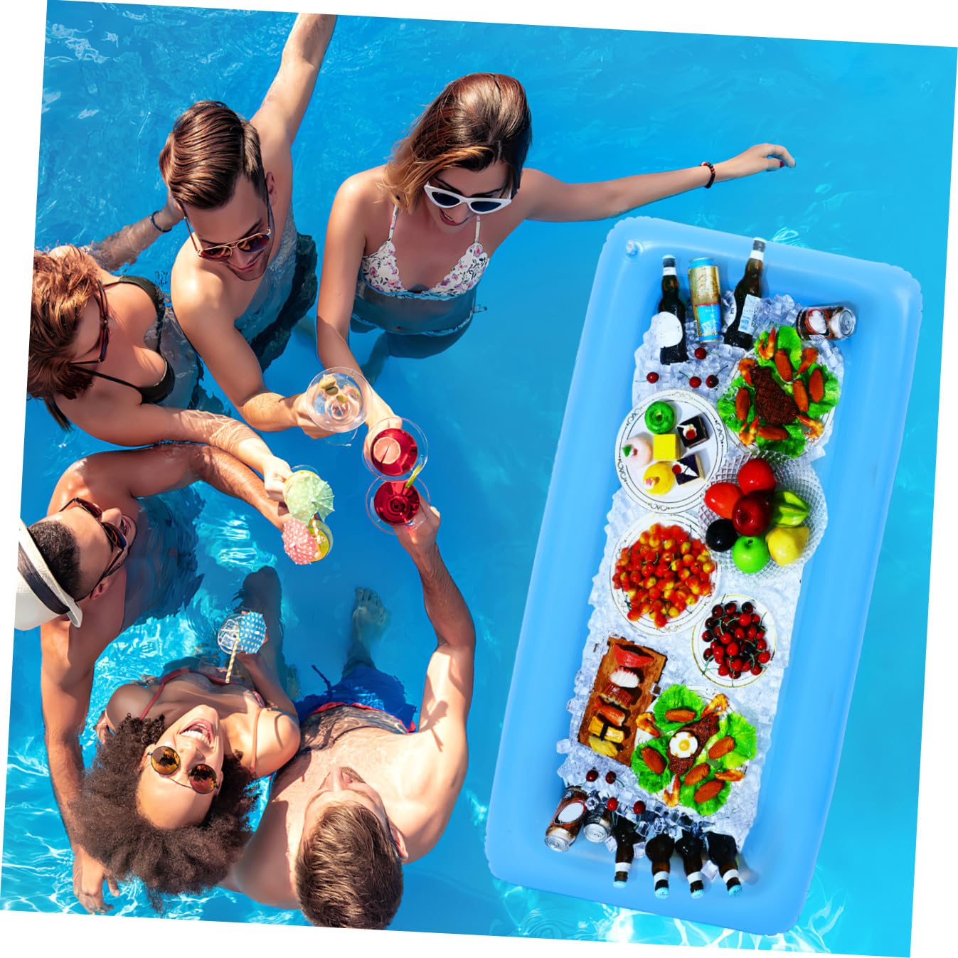 Hemoton 1 lot de 2 barres de service gonflables pour piscine et 3 pièces en maille pour nourriture et buffet, plateau gonflable pour service de glace, bar avec bouchon de vidange (bleu)