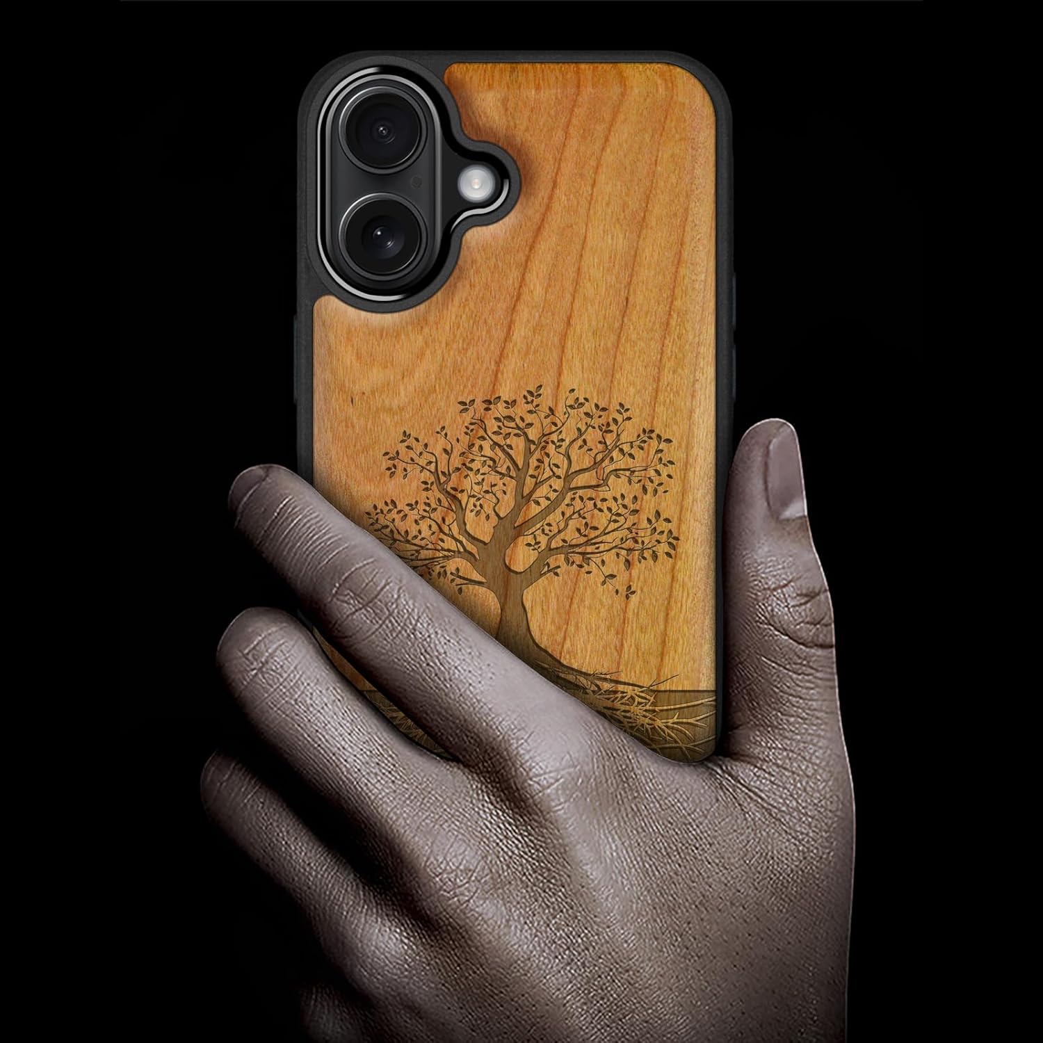 Carveit Magnetic Wooden Case for iPhone 16 Case, Wood Artisan Engraved & Black Soft TPU Shockproof Cover, Compatible with MagSafe Wireless Chargers (The Yin Yang Tree) Cherry
