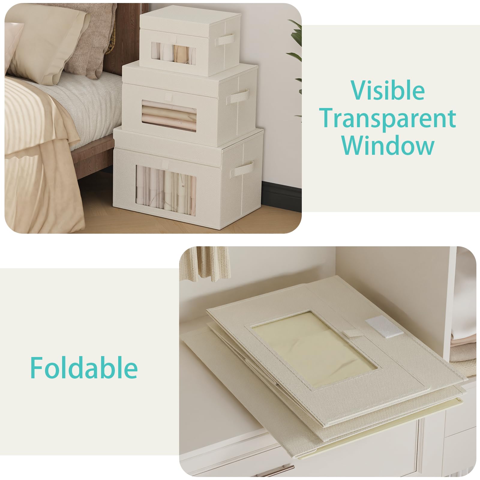 Cajas Almacenaje Ventanas Transparentes, 33x23x20 cm, Beige, Pack 4 | Contenedor de Almacenamiento Plegable, Organizadoras para Estantes, Cestas de Almacenaje para Ropa, libros, Dormitorio
