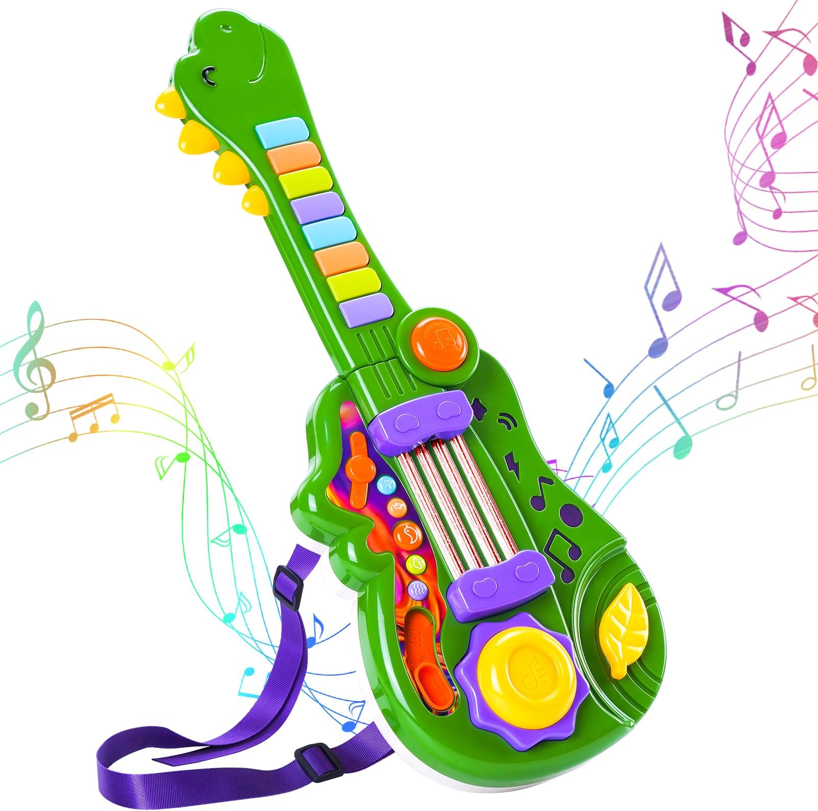 Dinosaur Kids Guitar 2-in-1 Musical Instruments for 3 4 5 Year Old Boys Girls Gifts, Toddler Electric Guitar Piano Toy with Strap & Dino Design (Green)