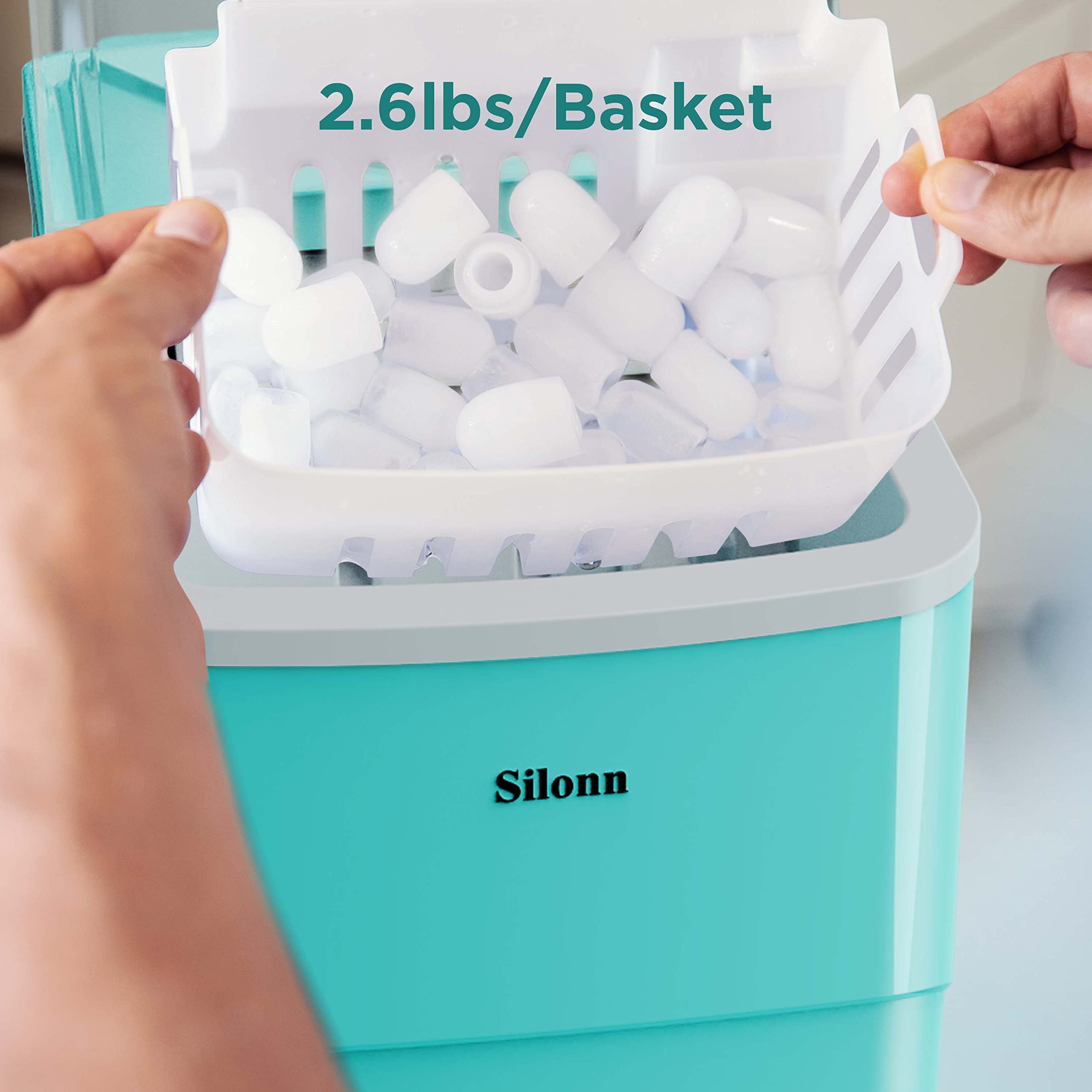 Silonn Ice Makers Countertop, 9 Cubes Ready In 6 Mins, Self-Cleaning Ice Machine With Ice Scoop And Basket, 26lbs In 24hrs, 2 Sizes Of Bullet Ice For Home Kitchen Office Bar Party, Green on Fridge.com - View 5