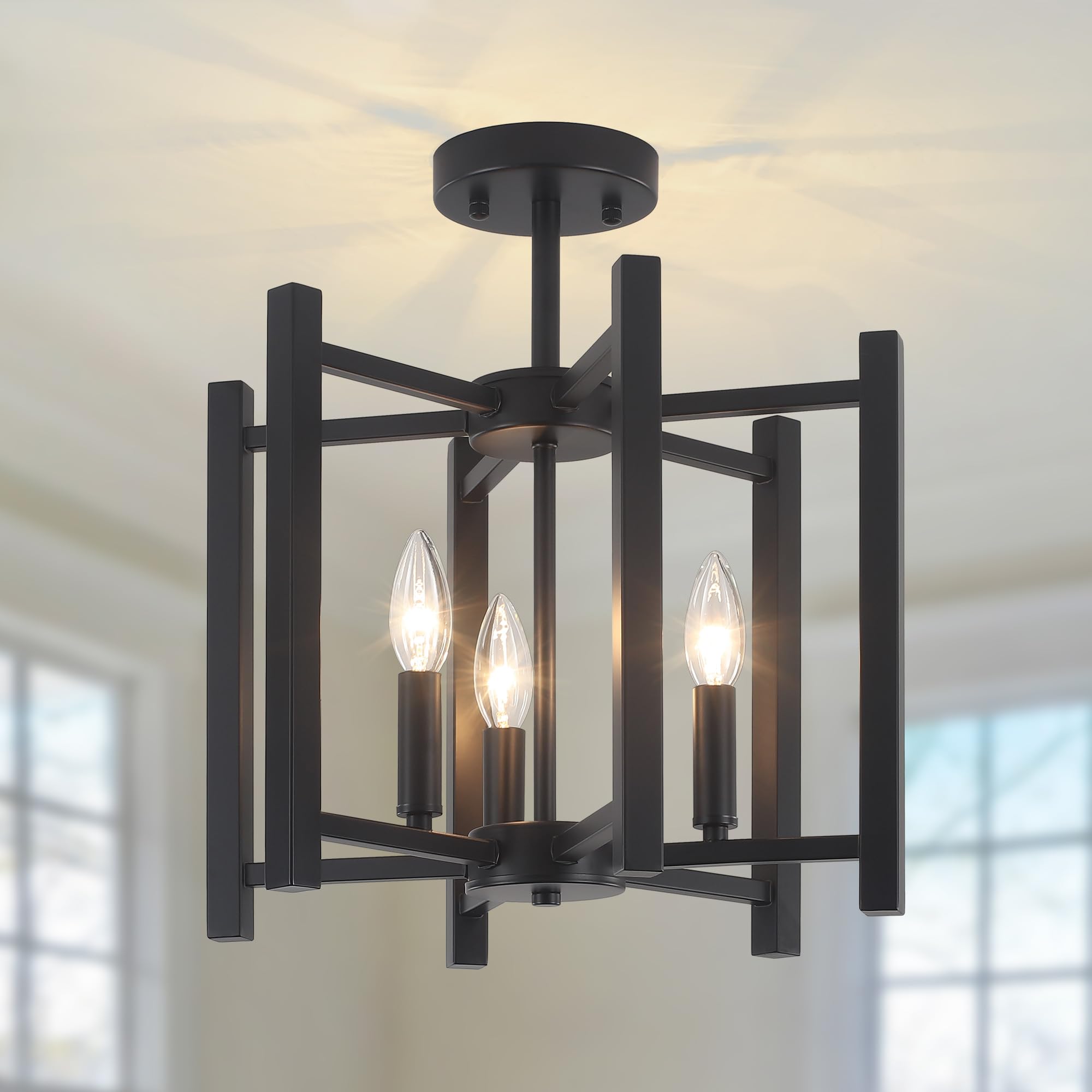 QMNHAU Black Semi Flush Mount Ceiling Light, 14.6'' Modern Industrial ...