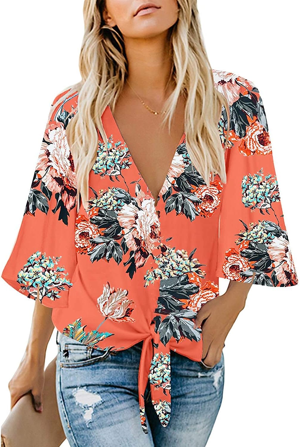 QegarTopWomen's Casual Floral Blouse Batwing Sleeve Loose Fitting Shirts Boho Knot Front Tops