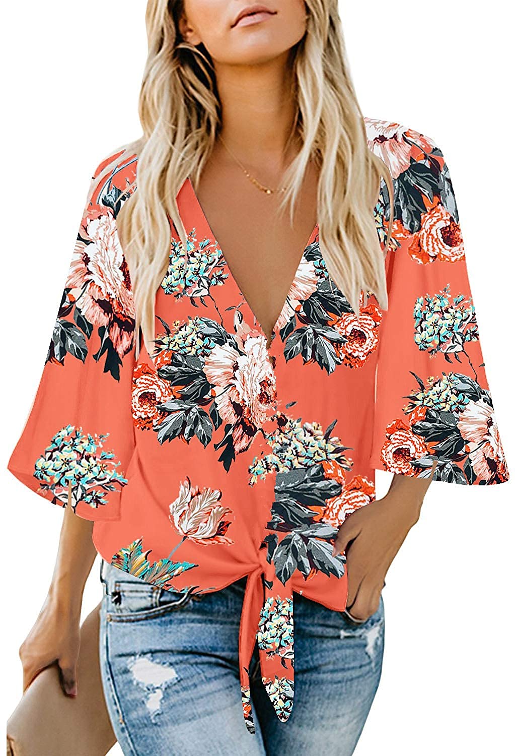 QegarTopWomen's Casual Floral Blouse Batwing Sleeve Loose Fitting Shirts Boho Knot Front Tops