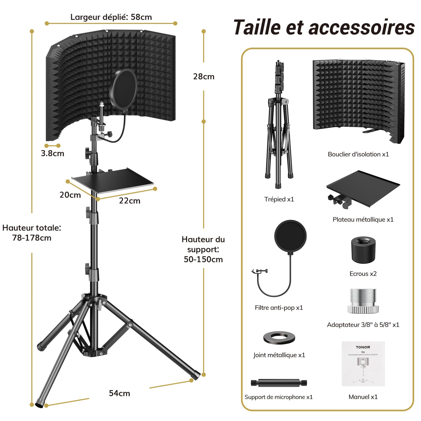 TONOR Bouclier D'isolation pour Micro, Bouclier en Mousse Absorbante Haute Densité avec Filtre Anti-pop et Support de Trépied, Design Pliable pour Podcasts, Streaming, au Chant, 178 cm, T65