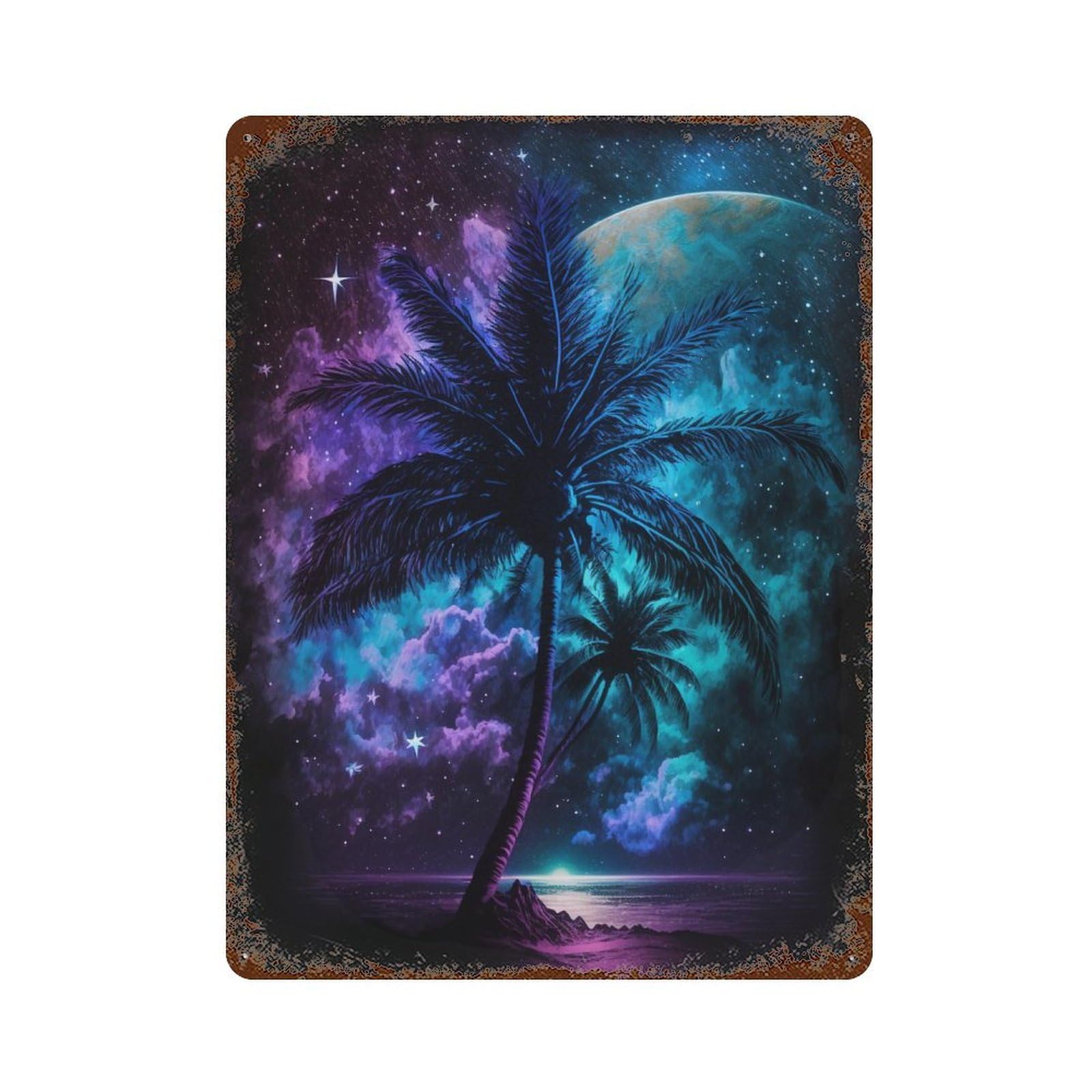 Galactic Palm Paradise -4 Rust Effect Tin Sign 15.7"x11.8", Farmhouse Wall Decor for Living Room, Hallway And Home Decor