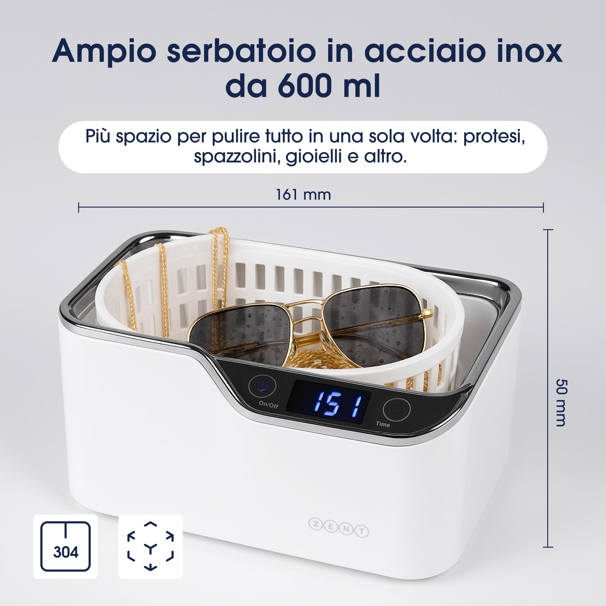 ZENT Pulitore ultrasuoni 42kHz 600ml, Ultrasuoni per pulisci occhiali, Pulizia apparecchio ortodontico, protesi dentarie, gioielli, orologi, invisalign - 5 programmi temporali, Pannello touch LED