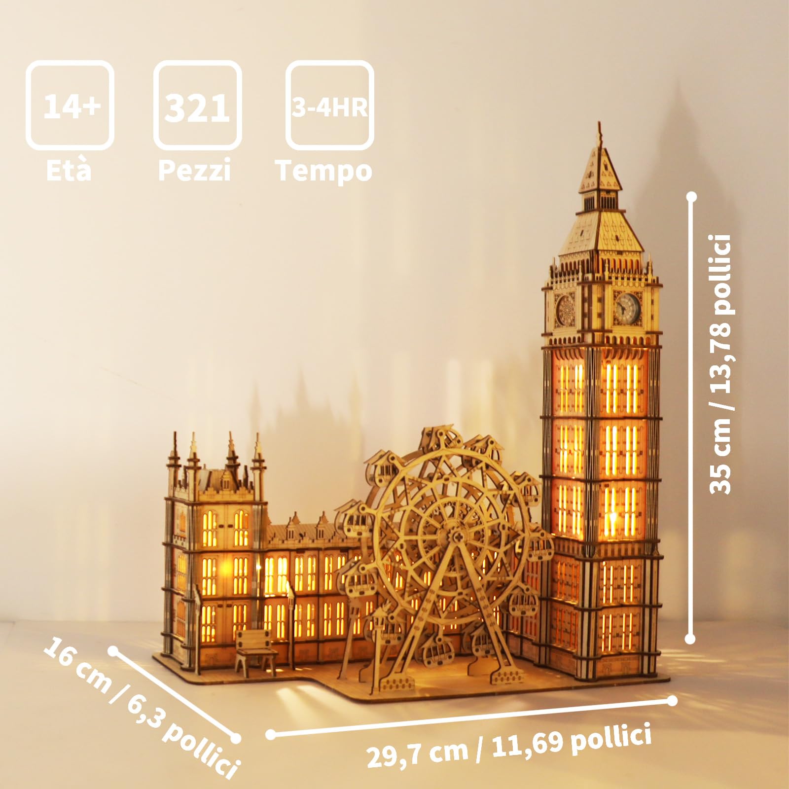 Music Park Puzzle 3D Legno Big Ben Con London Eye - Kit Modellismo Da Costruire Adulti, 3 Modalità Di Luce, Passatempo Per Adulti, Puzzle in Legno Per Adulti, Migliori Regali Di Compleanno