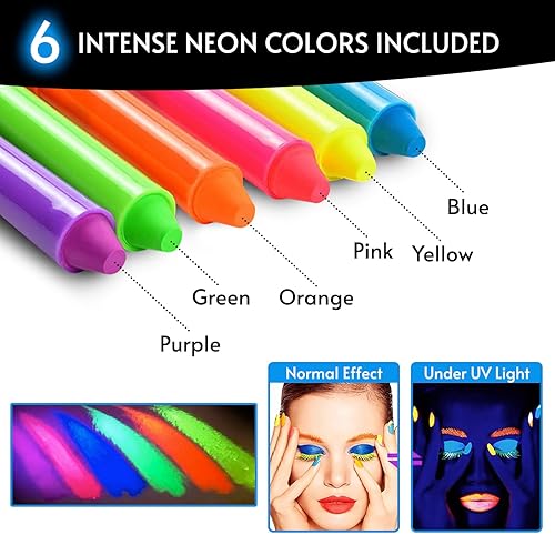 Miniatura 3 de Glow King Crayones reactivos a la luz negra | Pintura que brilla en la oscuridad para rostro y cuerpo | Varillas luminosas intensas para fiestas