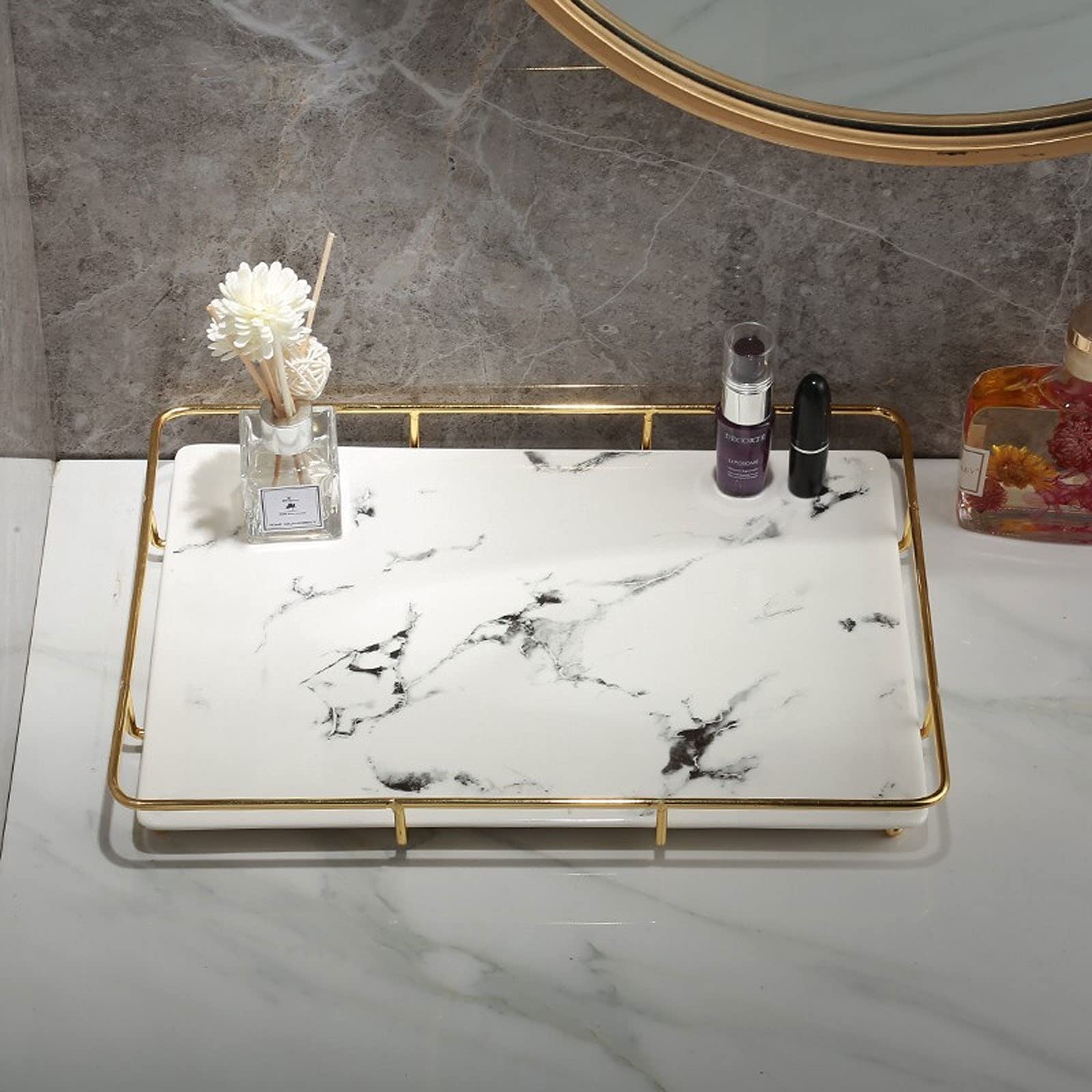 Taca do serwowania taca toaletka taca na perfumy taca na komoda ozdobna taca metalowa dekoracyjna taca na biżuterię organizer na perfumy taca do makijażu na toaletkę, łazienkowe tace dekoracyjne (rozmiar: duża)