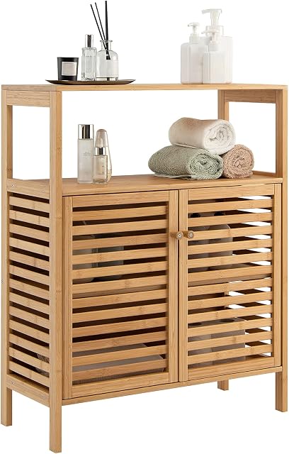 RELAX4LIFE Bamboo Storage Cabinet, Floor-Standing Bathroom Cabinet Cupboard with Louver Door & Open Shelves, Display Shelf Storage Sideboard Organizer Unit for Kitchen Living Room Hallway